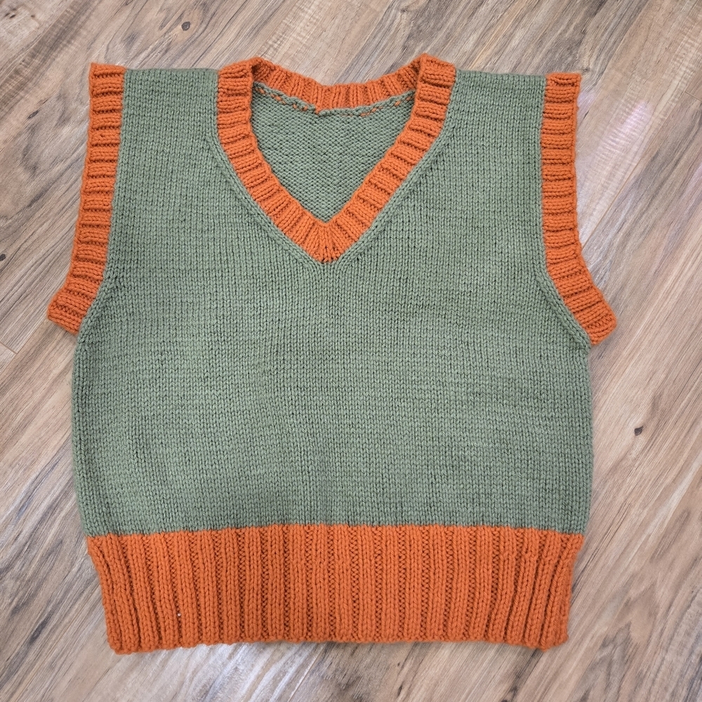 Handknit V-Neck Sweater Vest in Olive and Orange